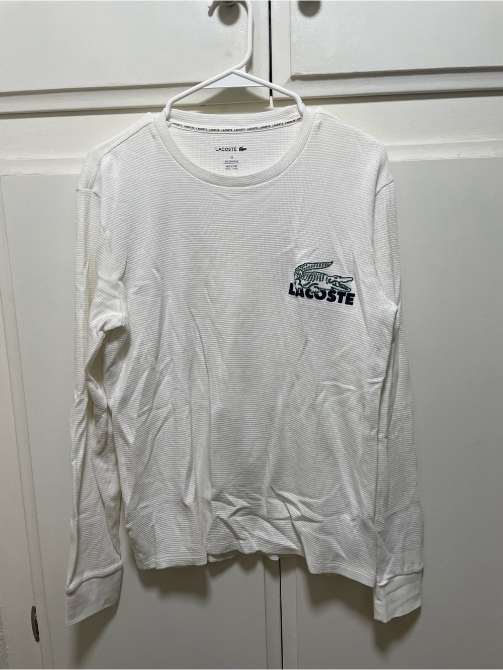 Lacoste White and Blue Long Sleeve Shirt with Green Crocodile Logo